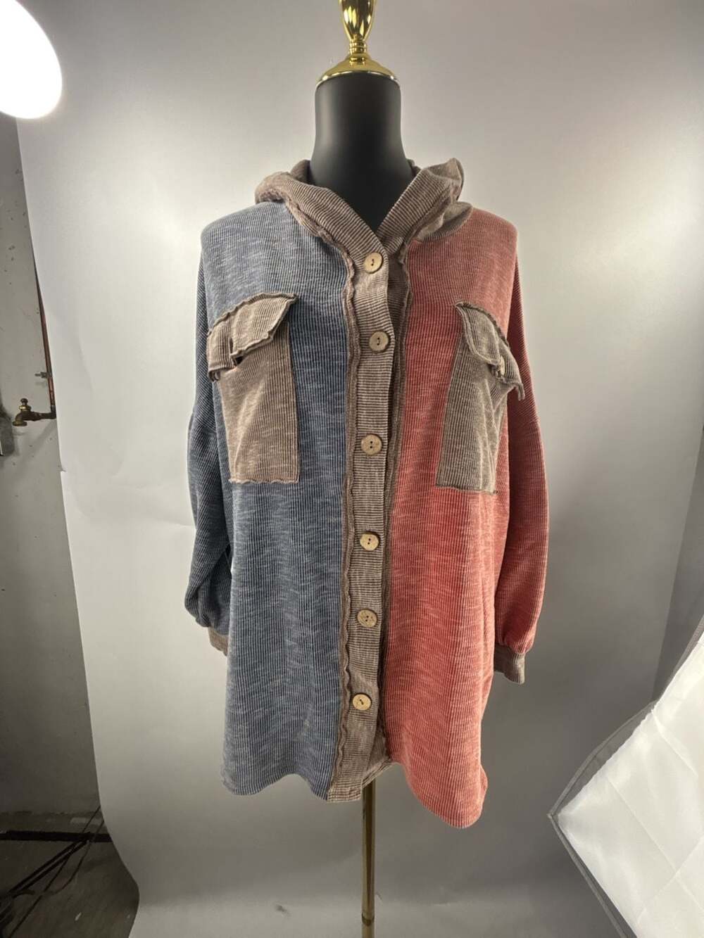 Hailey & Co. Colorblock Waffle Knit Hooded Shacket with Pockets